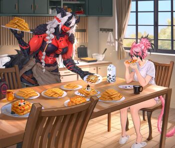 2girls absurdres animal_ear_fluff animal_ears atta_(warrior_atta) bare_legs batter black_hair black_horns black_lips black_scales black_sclera black_skin blue_eyes braid breasts butter cat_ears cat_girl cat_tail chair chocolate_syrup cleavage colored_sclera colored_skin colored_tips commentary commission counter cross-laced_clothes cross-laced_top cup cupboard curtains dolphin_shorts dragon_girl dragon_horns dragon_tail drink_carton ears_back eating elbow_rest english_commentary final_fantasy final_fantasy_xiv food fruit furrowed_brow glass_jar hair_between_horns hair_tubes highres holding holding_food holding_plate honey horns indoors kitchen large_breasts long_hair loungewear milk_carton miqo'te mixing_bowl morning mug multicolored_hair multicolored_skin multiple_girls open_mouth original pink_hair pink_tail plate pointy_ears red_skin ronjou14 scar scar_on_stomach second-party_source serving shirt short_shorts short_sleeves shorts single_braid slippers strawberry t-shirt table tail teeth too_much_food two-tone_skin waffle waffle_maker warrior_of_light_(ff14) whipped_cream whisk white_hair white_shirt white_slippers window wooden_chair wooden_floor wooden_table zephyr_winds