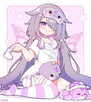 1girl absurdres chest_jewel commentary dress english_commentary gem geow_(koseki_bijou) grey_hair highres hololive hololive_english jewel_under_eye koseki_bijou koseki_bijou_(pebble_pajamas) long_hair multicolored_hair open_mouth pebble_(koseki_bijou) pink_hair purple_hair shutowl smile striped_clothes striped_thighhighs thighhighs virtual_youtuber