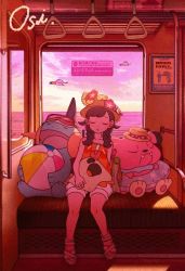 1girl animated ball bare_shoulders beachball bench closed_eyes clothed_pokemon collarbone comfey diving_mask diving_mask_on_head gen_1_pokemon gen_2_pokemon gen_3_pokemon gen_7_pokemon goggles goggles_on_head hat horsea innertube marshtomp nintendo oshiruko_(oshiruko_s2) pokemon pokemon_usum sandals sandygast selene_(pokemon) signature sitting sky sleeping slice_of_life snubbull sun_hat sunset swim_ring toes train_interior twintails video window wingull