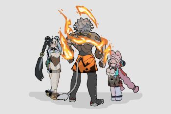 1boy 2girls ahoge animal_ear_fluff animal_ear_piercing animal_ears animal_feet anklet banyue_(zenless_zone_zero) bare_shoulders black_hair black_shoes braid braided_twintails china_dress chinese_clothes closed_eyes clothed_robot clothes_around_waist commentary detached_sleeves dialyn_(zenless_zone_zero) double_bun dress english_commentary fire from_behind full_body furry furry_female green_shirt grey_background grey_hair grey_tail hair_bun hair_extensions highres holding holding_shield humanoid_robot jewelry kba_000 long_hair mechanical_hands mechanical_tail metal_skin multicolored_hair multiple_girls no_mouth pink_fur pink_hair rabbit_ears rabbit_girl ring_hair_extensions robot robot_boy shield shirt shoes simple_background split-color_hair tail thighhighs twintails white_dress white_hair white_thighhighs zenless_zone_zero zhao_(zenless_zone_zero)