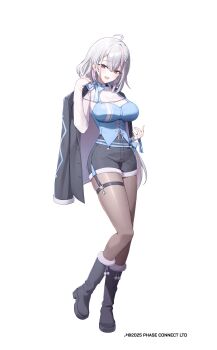 1girl absurdres ahoge black_boots black_jacket boots breasts commentary copyright_notice earrings ember_amane english_commentary full_body fur-trimmed_boots fur_trim grey_hair hair_ornament highres jacket jacket_on_shoulders jewelry multicolored_hair open_mouth pantyhose phase_connect pink_hair pom_pom_(clothes) sleeves_past_wrists smile solo streaked_hair taiyaki12 virtual_youtuber white_background