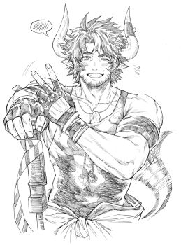 1boy arknights bara beard biceps black_tank_top commentary_request cow_horns dog_tags facial_hair fingerless_gloves gloves greyscale highres holding holding_weapon horns humus_(arknights) humus_(blazing_street_view)_(arknights) jewelry looking_at_viewer monochrome muscular muscular_male necklace one_eye_closed pointy_ears speech_bubble spoken_blush tank_top v weapon zanki