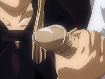 00s 1boy 1girl 2002 animated animated_gif assertive_female bible_black bible_black_night_of_the_walpulgiss blonde_hair cum ejaculation handjob hetero large_penis long_hair minase_taki penis penis_grab robe saeki_kaori smile tagme uncensored