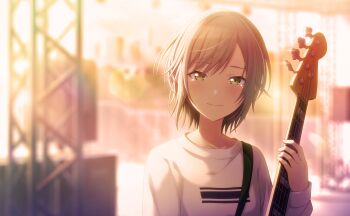1girl backlighting bass_guitar blurry blurry_background closed_mouth colorful_palette game_cg green_eyes grey_hair highres hinomori_shiho instrument looking_at_viewer official_art project_sekai resonate_with_you_(project_sekai) shirt short_hair smile solo tearing_up third-party_source white_shirt