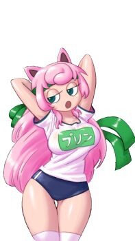 Rule 34 | 1girl, arms behind head, arms up, ass, big breasts, blue eyes, breasts, buruma, cropped, female focus, gen 1 pokemon, gym uniform, half-closed eyes, highres, huge ass, humanized, humanized pokemon, jigglypuff, jigglypuff girl, long hair, minuspal, nintendo, personification, pink hair, pokemon, pokemon (creature), solo, super smash bros., thigh gap, thighs, transparent background