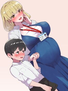 1boy 1girl :d absurdres age_difference black_hair black_shorts blonde_hair blue_dress blush boris_(noborhys) breast_pocket breasts cleavage collared_shirt commentary_request dress hand_up hetero highres holding_hands lanyard large_breasts mature_female medium_hair onee-shota open_mouth original paid_reward_available pocket pregnant raised_eyebrows revision shirt short_hair shorts simple_background smile sweatdrop white_shirt