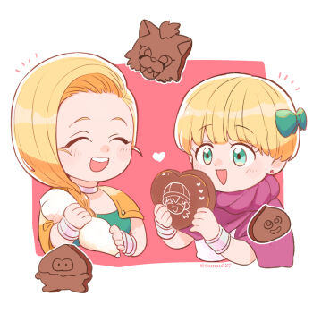 Rule 34 | 2girls, bianca (dq5), blonde hair, blue eyes, blunt bangs, blush, border, borongo, bow, bracelet, braid, cape, chocolate, cloak, closed eyes, commentary request, dragon quest, dragon quest v, dress, earrings, food, great sabrecat, green bow, green dress, hair bow, hammerhood (dragon quest), heart, hero's daughter (dq5), hero (dq5), highres, holding, holding chocolate, holding food, jewelry, long hair, mother and daughter, motion lines, multiple girls, neck ring, open mouth, orange cape, pink background, pink cape, pink cloak, short hair, single braid, slime (creature), smile, stud earrings, tsunao527, twitter username, upper body, valentine, white border, white dress