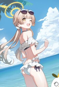 Rule 34 | 1girl, absurdres, bikini, blue archive, eyewear on head, frilled bikini, frills, from behind, hair ornament, halo, hifumi (blue archive), hifumi (swimsuit) (blue archive), highres, liago, long hair, looking at viewer, low twintails, off-shoulder bikini, off shoulder, official alternate costume, one eye closed, open mouth, ribbon-trimmed bikini, ribbon-trimmed swimsuit, ribbon trim, round eyewear, side-tie bikini bottom, smile, solo, stuffed animal, stuffed bird, stuffed toy, sunglasses, swimsuit, teeth, twintails, upper teeth only, white bikini, wing hair ornament, winged halo, yellow halo