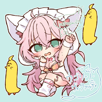 Rule 34 | 1girl, absurdres, animal ears, arm up, armpits, azur lane, bandaid, bandaid on face, bandaid on knee, bandaid on leg, blue background, blush, breasts, cat ears, chibi, chibi only, cleavage, commentary request, crossed bangs, fake animal ears, green eyes, highres, low twintails, manjuu (azur lane), mokeosushi, official alternate costume, open mouth, pink hair, signature, simple background, socks, twintails, ugolino vivaldi (an unexpected catch) (azur lane), ugolino vivaldi (azur lane), white socks