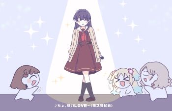 &gt;_&lt; 4girls 5th_live_tour_~4pair_power_spread!!!!~ :d black_hair blonde_hair blue_hair braid brown_cardigan brown_dress brown_hair cardigan center-flap_bangs ceras_yanagida_lilienfeld chibi cho_toutoi_love~ closed_eyes closed_mouth commentary_request crossed_legs dress facing_viewer fang flower full_body gradient_hair grey_hair hair_flower hair_ornament hasu_no_sora_school_uniform highres holding holding_microphone ichigo_123_(love_live!) kachimachi_kosuzu link!_like!_love_live! long_hair long_sleeves love_live! medium_dress microphone mole mole_on_neck multicolored_hair multiple_girls murano_sayaka neckerchief open_cardigan open_clothes open_mouth osawa_rurino parted_bangs pink_flower pleated_dress red_neckerchief ruri&amp;to_(love_live!) sailor_collar sailor_dress school_uniform side_braids skin_fang smile sparkle spotlight standing straight-on twintails u_u virtual_youtuber watage_modoki watson_cross white_sailor_collar winter_uniform xd