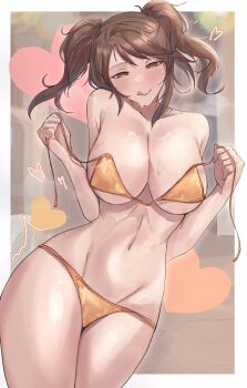 1girl absurdres bikini blush border breasts brown_eyes brown_hair calmgreentori heart highres kujikawa_rise large_breasts legs licking_lips naughty_face navel orange_bikini persona persona_4 pulling_own_clothes solo sweat swimsuit teasing thighs tongue tongue_out twintails undressing untied_bikini_top white_border
