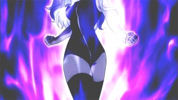 1girl animated animated_gif bodysuit clenched_hand fairy_tail fire fire light long_hair lowres magic mirajane_strauss power thighhighs white_hair