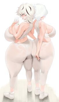 2girls absurdres ass ass-to-ass ass_press black_streaks breasts commission curvy highres huge_ass huge_breasts large_breasts multicolored_hair multiple_girls original pants shoes sideboob sports_bra streaked_hair thick_thighs thighs tight_clothes tight_pants white_hair white_shoes white_sports_bra wide_hips yoga_pants yohu08