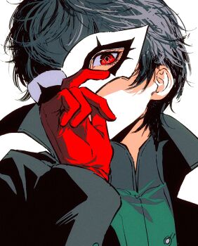 Rule 34 | 1boy, absurdres, ako (eanaaati1), amamiya ren, black coat, black hair, chinese commentary, coat, commentary request, gloves, highres, holding, holding mask, joker (persona 5), long sleeves, looking at viewer, male focus, mask, persona, persona 5, portrait, red eyes, red gloves, short hair, simple background, solo, unworn mask, upper body, white background, white mask