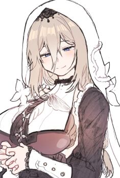 Rule 34 | 1girl, 5rwpvc, aponia, blonde hair, blue eyes, breast curtains, breasts, commentary request, hashtag-only commentary, highres, honkai (series), honkai impact 3rd, large breasts, long hair, looking at viewer, mole, mole under eye, nun, nun headdress, simple background, smile, solo, underboob, veil, very long hair, white background, white veil