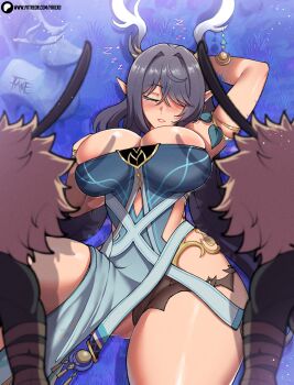 1girl 2boys antlers bare_shoulders blush breasts closed_eyes commentary deer_antlers dress english_commentary fake_(lord_socar) genshin_impact hair_over_one_eye highres hilichurl_(genshin_impact) horns imminent_rape large_breasts lauma_(genshin_impact) long_hair lying monster multiple_boys pointy_ears sleeping very_long_hair