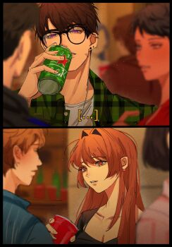 Rule 34 | allitems000, alternate universe, blurry, blurry background, blurry foreground, breasts, brown eyes, brown hair, caleb (love and deepspace), can, cleavage, cup, earrings, glasses, green shirt, grey shirt, hair between eyes, hair intakes, hetero, highres, holding, holding can, holding cup, jewelry, long hair, looking at another, love and deepspace, medium breasts, multiple earrings, necklace, plaid clothes, plaid shirt, protagonist (love and deepspace), purple eyes, shirt, shirt under shirt, short hair, solo cup, upper body