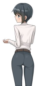 1girl absurdres akts625 androgynous ass belt black_hair black_pants blue_eyes blush brown_belt closed_mouth collared_shirt commentary expressionless facing_away feet_out_of_frame from_behind hair_between_eyes highres kino_(kino_no_tabi) kino_no_tabi looking_afar looking_to_the_side outstretched_hand pants romaji_commentary shirt short_hair sidelocks simple_background solo standing thigh_gap tomboy turning_head very_short_hair white_background white_shirt