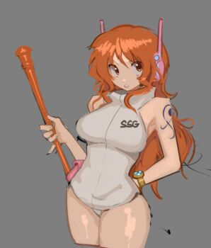 1girl armpit_crease bare_shoulders belt_pouch bracelet breasts cheenmachine2 clima-tact commentary cowboy_shot grey_background headphones holding holding_staff holding_weapon jewelry large_breasts leotard log_pose long_hair looking_at_viewer nami_(one_piece) nami_(one_piece)_(egghead) official_alternate_costume one_piece orange_eyes orange_hair parted_lips pouch shoulder_tattoo simple_background solo staff tattoo thighs wavy_hair weapon white_leotard wide_hips