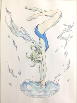 1girl ass backless_swimsuit bare_arms bare_legs barefoot blonde_hair blue_eyes blue_one-piece_swimsuit blue_wings breasts commentary full_body handstand highres liquid_wings one-piece_swimsuit original peter_salt short_hair small_breasts solo swimsuit traditional_media upside-down water white_background wings