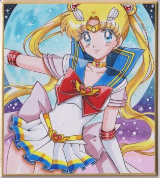 1girl :d back_bow bishoujo_senshi_sailor_moon blonde_hair blue_eyes blue_sailor_collar blush bow bowtie brooch chikoto_(kztc4472) choker commentary cowboy_shot crisis_moon_compact double_bun elbow_gloves gloves hair_bun heart heart_brooch highres jewelry long_hair looking_at_viewer miniskirt moon open_mouth parted_bangs pink_bow pleated_skirt red_bow red_bowtie sailor_collar sailor_moon sailor_senshi_uniform shirt short_sleeves skirt smile solo super_sailor_moon traditional_media tsukino_usagi twintails white_gloves white_shirt white_skirt yellow_choker