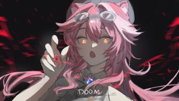 1girl animal_ears highres hololive hololive_english izume_me long_hair looking_at_viewer multicolored_hair panther_ears panther_girl pink_hair raora_panthera solo streaked_hair virtual_youtuber yellow_eyes