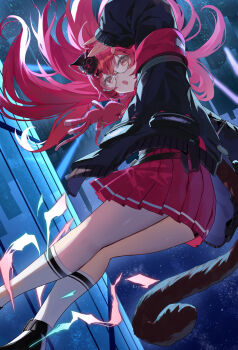 1girl amagasa_yun animal_ear_fluff animal_ears black_jacket black_panties black_shoes cat_ears cat_girl cat_tail commentary_request dropping fang glass hair_ornament highres jacket long_hair neverness_to_everness open_mouth panties pink_hair pink_skirt red_eyes shoes skirt sky socks solo tail underwear white_socks