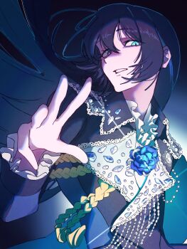 Rule 34 | 1girl, ado (utaite), blue eyes, blue flower, blue hair, blue jacket, blue rose, chando (ado), commentary, floating hair, flower, hair between eyes, hashtag-only commentary, highres, jacket, ko1234 5678, long hair, long sleeves, mole, mole under eye, open mouth, rose, solo, upper body, yodaka (ado)