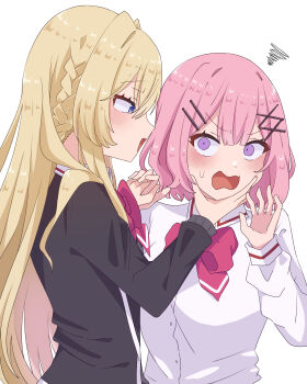 Rule 34 | 1nnsai, 2girls, absurdres, amaori renako, ashigaya high school uniform, black sweater, blonde hair, blue eyes, blush, bow, bowtie, commentary request, hand on another's chin, highres, holding hands, interlocked fingers, long hair, medium hair, multiple girls, open mouth, ouzuka mai, pink hair, purple eyes, red bow, red bowtie, school uniform, shirt, simple background, squiggle, sweatdrop, sweater, watashi ga koibito ni nareru wake naijan murimuri!, white background, white shirt, yuri