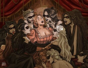 6+girls absurdres black_dress black_hair black_mask blood blood_from_mouth blood_on_face blood_on_mouth blue_eyes breasts brown_hair cleavage colored_sclera colored_skin commentary curtains domino_mask dress english_commentary eye_mask fangs greseadraws grey_skin hair_up half_updo head_back highres horns long_dress long_hair mask multiple_girls nervous open_mouth original pale_skin pink_dress pointy_ears red_sclera updo vampire white_hair