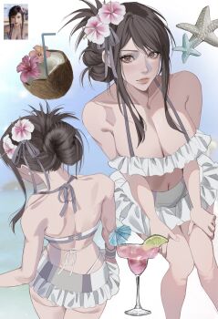 1girl bikini black_hair blush breasts cleavage coconut coconut_cup commentary drinking_straw final_fantasy final_fantasy_vii final_fantasy_vii_rebirth final_fantasy_vii_remake flower food frilled_bikini frills fruit fruit_as_cup game_screenshot_inset hair_flower hair_ornament halterneck hands_on_own_thighs highres large_breasts lemon lemon_slice looking_at_viewer multiple_views pink_flower red_eyes reference_inset screenshot_inset shmalloe sidelocks starfish swimsuit tifa_lockhart tifa_lockhart_(shining_spirit) white_bikini