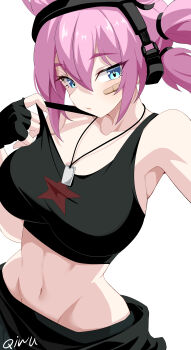 1girl absurdres artist_name bandaid bandaid_on_face bare_shoulders black_gloves black_tank_top blue_eyes clothes_grab collarbone command_&amp;_conquer command_&amp;_conquer:_red_alert command_&amp;_conquer:_red_alert_2 crop_top dog_tags expressionless fingerless_gloves foehn_revolt gloves hair_between_eyes highres jewelry looking_at_viewer mental_omega_(mod) midriff military_vehicle motor_vehicle multi-tied_hair navel necklace oywj pink_hair shirt_grab signature simple_background sleeveless star_(symbol) strap_pull tank tank_top upper_body white_background yunru_(mental_omega)