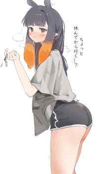 1girl absurdres ass black_eyes black_hair black_shorts blush chocosong closed_mouth dolphin_shorts grey_shirt highres hololive hololive_english long_hair ninomae_ina&#039;nis orange_hair pointy_ears shirt short_shorts shorts simple_background solo tentacle_hair virtual_youtuber white_background