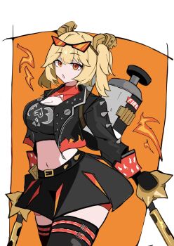 1girl azuki_pii black_jacket black_skirt black_tube_top blonde_hair border breasts burnice_white cleavage commentary_request cowboy_shot eyewear_on_head fire flamethrower gas_cylinder highres holding holding_flamethrower holding_weapon jacket large_breasts looking_at_viewer midriff navel open_mouth orange_background red-tinted_eyewear red_eyes short_twintails simple_background skirt solo spiked_belt spiked_jacket strapless sunglasses tinted_eyewear tube_top twintails weapon white_border zenless_zone_zero