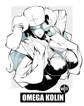 black_gloves breast_cutout breasts burustandin cleavage fur_hat fur_trim gloves hat highres kolin large_breasts lips long_hair monochrome street_fighter wavy_hair