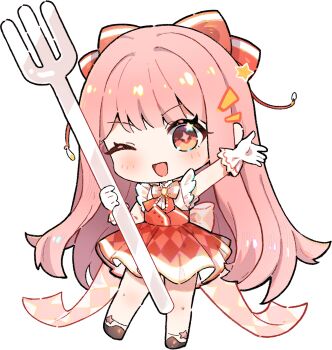 +_+ 1girl argyle_bow argyle_clothes argyle_skirt back_bow bare_legs bare_shoulders beads bow bowtie brooch brown_eyes brown_shoes cherilynorz chibi chinese_commentary collared_shirt commentary_request dress_shirt eyelashes floral_memory_(infinity_nikki) fork frilled_gloves frilled_shirt frills gloves hair_bow happy high-waist_skirt highres holding holding_fork infinity_nikki jewelry kfc light_blush long_hair looking_at_viewer miniskirt nikki_(nikki) nikki_(series) notice_lines official_alternate_color one_eye_closed open_mouth outstretched_arm oversized_object pink_bow pink_hair pleated_skirt red_bow red_bowtie red_skirt shirt shoes single_stripe skirt sleeveless sleeveless_shirt smile socks solo sparkling_eyes standing star_(symbol) star_in_eye straight_hair striped_bow striped_bowtie striped_clothes symbol_in_eye tareme transparent_background variant_set very_long_hair white_gloves white_shirt white_socks