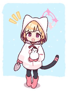 Rule 34 | 1girl, :d, animal hood, black pantyhose, blonde hair, blue archive, blue background, blunt bangs, blush, boots, border, bow, cat hood, cat tail, character snowman, coat, commentary request, day, doodle sensei (blue archive), full body, hair bow, holding, holding shovel, holding snowman, hood, hooded coat, jaggy lines, long sleeves, mechanical tail, momoi (blue archive), open mouth, outdoors, pantyhose, parted bangs, pink boots, pink eyes, red bow, sensei (blue archive), short hair, shovel, smile, snow, snowing, snowman, solo, standing, tail, v-shaped eyebrows, white border, white coat, winter, yoru nai