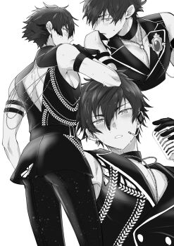 1boy armband ass clenched_teeth earrings ensemble_stars! feature_scout_2_(ensemble_stars!) gloves hand_up headset highres holding holding_microphone jewelry lapels male_focus microphone monochrome multiple_views notched_lapels official_alternate_costume parted_lips sazanami_jun short_hair sleeveless sweat teeth toroi_(run01211)