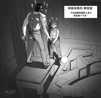 1boy 1girl ? arm_tattoo billy_coen chinese_text cuffs greyscale gun handcuffs handgun holding holding_gun holding_weapon indoors kaychen monochrome on_table pants radio rebecca_chambers resident_evil resident_evil_0 short_hair signature standing table tank_top tattoo translation_request weapon