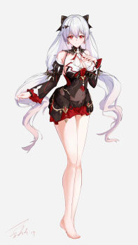 1girl absurdres bare_shoulders barefoot bat_hair_ornament black_dress breasts chinese_commentary cleavage commentary_request covered_navel detached_sleeves dress earrings feet full_body hair_ornament highres honkai_(series) honkai_impact_3rd jewelry large_breasts long_hair looking_at_viewer luna_(honkai_impact) red_eyes simple_background solo toes very_long_hair white_background white_hair wuling_yl