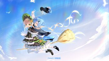 2girls :d absurdres arm_up black_bow black_capelet black_hat black_shoes blonde_hair blue_hair blue_skirt blue_sky bow braid braided_hair_rings broom broom_riding capelet closed_eyes commentary deerstalker dress english_commentary floating_hair flower flying frilled_capelet frilled_dress frilled_sleeves frills full_body green_bow green_eyes hair_bow hair_rings hat highres lolita_fashion long_hair long_sleeves looking_at_another looking_back mahou_shoujo_no_majo_saiban multiple_girls open_mouth outdoors pantyhose rose shoes short_hair skirt sky smile tachibana_sherry tono_hanna trypan_blue twintails v very_long_hair white_flower white_pantyhose white_rose yellow_flower yellow_rose