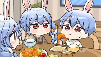 Rule 34 | 1boy, 2girls, animal ear fluff, animal ears, blue hair, blurry, blurry background, bowl, braid, brother and sister, carrot hair ornament, chair, chibi, chopsticks, closed mouth, collared shirt, depth of field, food, food-themed hair ornament, fork, hair between eyes, hair ornament, holding, holding fork, hololive, indoors, long hair, mochimiko, mother and daughter, mother and son, multicolored hair, multiple girls, on chair, pekomama, plate, rabbit ears, red eyes, rice, rice bowl, shirt, short eyebrows, shrimp, shrimp tempura, siblings, small sweatdrop, sweat, table, tempura, thick eyebrows, twin braids, twintails, two-tone hair, usada pekora, virtual youtuber, wavy mouth, white hair, white shirt