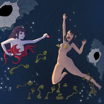 absurdres amputation andersen's_fairy_tales asphyxiation black_hair blood breasts cave completely_nude drowning feet highres legs long_hair manapots_(artist) mermaid mermaid_transformation monster_girl nagatoro_hayase navel nipples nude pale_skin please_don't_bully_me_nagatoro pussy red_eyes spread_legs starfish starfish_bikini tentacles the_little_mermaid_(andersen) tongue underwater witch zombiethings