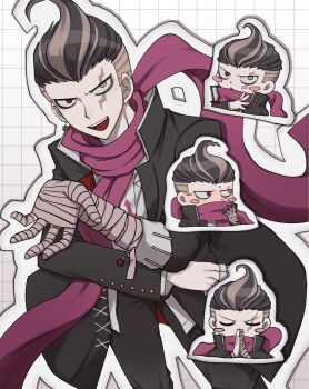 1boy bandaged_arm bandages black_coat black_hair blush_stickers coat commentary_request danganronpa_(series) danganronpa_2:_goodbye_despair earrings ebi_maki00 grid_background heterochromia highres jewelry male_focus multiple_views open_mouth own_hands_together purple_scarf scarf single_earring tanaka_gundham undercut