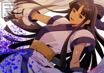 1girl ainu_clothes ambiguous_blue_liquid black_hair blunt_bangs bow burning_isaka dark-skinned_female dark_persona dark_skin dutch_angle fingerless_gloves gloves hair_bow hairband highres kodachi long_hair looking_at_viewer murasaki_nakoruru open_mouth purple_bow purple_eyes purple_hairband samurai_spirits sash short_sleeves short_sword smile solo sword teeth upper_teeth_only watermark weapon white_background yellow_sash
