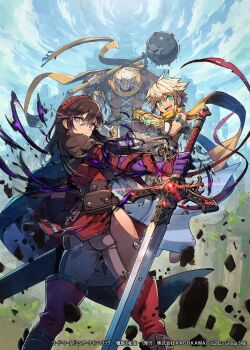 1girl 2boys ass bandaged_arm bandages bare_arms bare_hips belt_pouch black_hair blonde_hair blue_eyes blue_gemstone bracer brown_cape brown_pants cape closed_mouth cloud cloudy_sky commentary_request debris energy eyebrows_hidden_by_hair facing_to_the_side fantasy from_behind gem giant giant_male gold hairband highres holding holding_mace holding_sword holding_weapon kuroi_susumu long_hair long_sword looking_at_viewer mace multiple_boys official_art open_mouth pants pouch purple_energy red_gemstone red_hairband reverse_grip scarf sky sword sword_world sword_world_2.5 unraveling weapon yellow_scarf