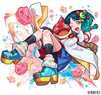 bare_shoulders blue_skirt commentary_request green_hair hair_ornament hug japanese_clothes kimono low_twintails lowres magatama mizuki_(4985964) monster_strike official_art oragon orange_eyes rope shimenawa shoes simple_background skirt socks star_(symbol) thighs twintails yakumo_(monster_strike)