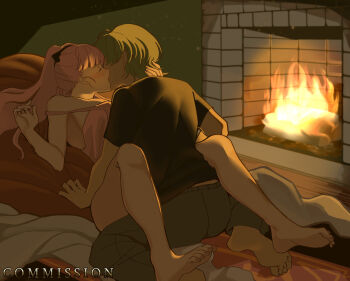 Rule 34 | 1boy, 1girl, armpits, barefoot, black shirt, breasts, camisole, ceroccb, closed eyes, commission, fire emblem, fire emblem: three houses, fireplace, green hair, green pants, highres, hilda valentine goneril, hilda valentine goneril (timeskip), implied sex, kiss, large breasts, long hair, lying, male byleth (awakened) (fire emblem), male byleth (fire emblem), night, nintendo, off shoulder, official alternate hair color, on back, pants, pink camisole, pink hair, ponytail, shirt, short hair, sideboob