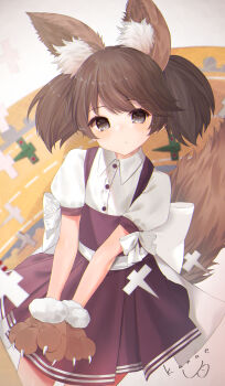1girl absurdres animal_ear_fluff animal_ears brown_eyes brown_hair closed_mouth collared_shirt commentary_request dog_ears dog_girl dog_tail highres kanae_(inorin05kanae) kantai_collection looking_at_viewer medium_hair red_skirt ryuujou_(kancolle) shirt skirt solo tail two_side_up white_shirt