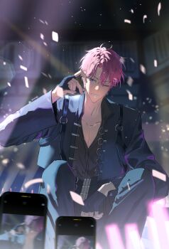 Rule 34 | 1boy, absurdres, black gloves, blue jacket, blue pants, cellphone, commentary request, confetti, fingerless gloves, fukuhara tamon, gloves, glowstick, hair between eyes, half-heart hands, highres, jacket, light particles, light rays, long sleeves, looking at viewer, male focus, mole, mole under eye, one eye closed, open clothes, open jacket, pants, parted bangs, penlight (glowstick), phone, pink hair, purple eyes, ryepe, short hair, smile, solo, squatting, stage lights, tamon-kun ima docchi